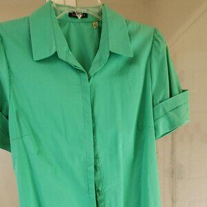 Tahari Short Sleeve Button Down Fitted Green Shirt Size M